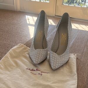 Salvatore Ferragamo White Laser-Cut Scalloped Pointed Pumps size 8